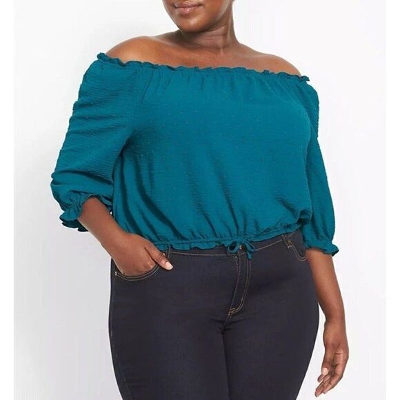 Lane Bryant Plus Size 18/20 Classic Sleeve Off-The-Shoulder Teal Top Swiss Dot - Picture 1 of 12